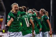 8 October 2019; Diane Caldwell celebrates after her Republic of Ireland team-mate Katie McCabe scored their opening goal during the UEFA Women's 2021 European Championships qualifier match between Republic of Ireland and Ukraine at Tallaght Stadium in Dublin. Photo by Stephen McCarthy/Sportsfile