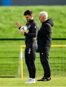 9 October 2019; Scott Hogan, left, and Republic of Ireland manager Mick McCarthy, right, during a Republic of Ireland training session at the FAI National Training Centre in Abbotstown, Dublin. Photo by Seb Daly/Sportsfile