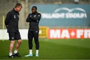 9 October 2019; Republic of Ireland U21 head coach Stephen Kenny speaks with Michael Obafemi during a Republic of Ireland U21's Training Session at Tallaght Stadium in Dublin. Photo by Harry Murphy/Sportsfile
