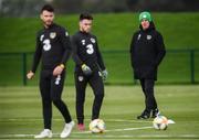 9 October 2019; Republic of Ireland manager Mick McCarthy with Scott Hogan, left, and Aaron Connolly during a Republic of Ireland training session at the FAI National Training Centre in Abbotstown, Dublin. Photo by Stephen McCarthy/Sportsfile