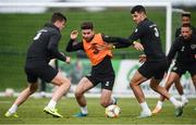 9 October 2019; Sean Maguire is tackled by John Egan, right, and Kevin Long, left, during a Republic of Ireland training session at the FAI National Training Centre in Abbotstown, Dublin. Photo by Stephen McCarthy/Sportsfile