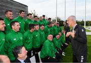 9 October 2019; Republic of Ireland manager Mick McCarthy, pictured, was on hand to wish the Irish Defence Forces team a bon voyage at Abbotstown as they prepare to travel to China for the World Military Games. McCarthy joined Minister of State for Defence Paul Kehoe, FAI President Donal Conway, Brigadier General Peter O’Halloran and boxing coach Phil Sutcliffe at FAI Headquarters. The Irish Defence Forces football team, backed by the FAI, knocked Germany and Holland out of the qualifiers en route to the tournament and will be joined in Wuhon city by boxers and a shooting team. Photo by Stephen McCarthy/Sportsfile