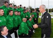 9 October 2019; Republic of Ireland manager Mick McCarthy, pictured, was on hand to wish the Irish Defence Forces team a bon voyage at Abbotstown as they prepare to travel to China for the World Military Games. McCarthy joined Minister of State for Defence Paul Kehoe, FAI President Donal Conway, Brigadier General Peter O’Halloran and boxing coach Phil Sutcliffe at FAI Headquarters. The Irish Defence Forces football team, backed by the FAI, knocked Germany and Holland out of the qualifiers en route to the tournament and will be joined in Wuhon city by boxers and a shooting team. Photo by Stephen McCarthy/Sportsfile