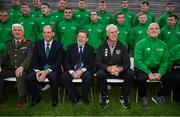 9 October 2019; Republic of Ireland manager Mick McCarthy was on hand to wish the Irish Defence Forces team a bon voyage at Abbotstown as they prepare to travel to China for the World Military Games. McCarthy joined Minister of State for Defence Paul Kehoe, FAI President Donal Conway, Brigadier General Peter O’Halloran and boxing coach Phil Sutcliffe at FAI Headquarters. The Irish Defence Forces football team, backed by the FAI, knocked Germany and Holland out of the qualifiers en route to the tournament and will be joined in Wuhon city by boxers and a shooting team. Pictured are, from left, Brigadier General Peter O’Halloran, Minister of State for Defence Paul Kehoe, FAI President Donal Conway and Republic of Ireland manager Mick McCarthy. Photo by Stephen McCarthy/Sportsfile