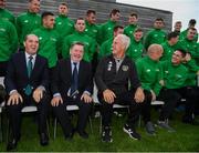 9 October 2019; Republic of Ireland manager Mick McCarthy was on hand to wish the Irish Defence Forces team a bon voyage at Abbotstown as they prepare to travel to China for the World Military Games. McCarthy joined Minister of State for Defence Paul Kehoe, FAI President Donal Conway, Brigadier General Peter O’Halloran and boxing coach Phil Sutcliffe at FAI Headquarters. The Irish Defence Forces football team, backed by the FAI, knocked Germany and Holland out of the qualifiers en route to the tournament and will be joined in Wuhon city by boxers and a shooting team. Pictured are, from left, Minister of State for Defence Paul Kehoe, FAI President Donal Conway and Republic of Ireland manager Mick McCarthy. Photo by Stephen McCarthy/Sportsfile