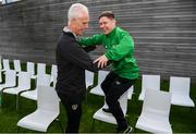 9 October 2019; Republic of Ireland manager Mick McCarthy was on hand to wish the Irish Defence Forces team a bon voyage at Abbotstown as they prepare to travel to China for the World Military Games. McCarthy joined Minister of State for Defence Paul Kehoe, FAI President Donal Conway, Brigadier General Peter O’Halloran and boxing coach Phil Sutcliffe at FAI Headquarters. The Irish Defence Forces football team, backed by the FAI, knocked Germany and Holland out of the qualifiers en route to the tournament and will be joined in Wuhon city by boxers and a shooting team. Pictured is Republic of Ireland manager Mick McCarthy with Del Walsh, a member of the Irish Defence Forces football team. Photo by Stephen McCarthy/Sportsfile