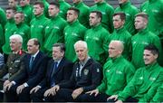 9 October 2019; Republic of Ireland manager Mick McCarthy was on hand to wish the Irish Defence Forces team a bon voyage at Abbotstown as they prepare to travel to China for the World Military Games. McCarthy joined Minister of State for Defence Paul Kehoe, FAI President Donal Conway, Brigadier General Peter O’Halloran and boxing coach Phil Sutcliffe at FAI Headquarters. The Irish Defence Forces football team, backed by the FAI, knocked Germany and Holland out of the qualifiers en route to the tournament and will be joined in Wuhon city by boxers and a shooting team. Pictured are, from left, Brigadier General Peter O’Halloran, Minister of State for Defence Paul Kehoe, FAI President Donal Conway and Republic of Ireland manager Mick McCarthy. Photo by Stephen McCarthy/Sportsfile