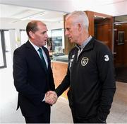 9 October 2019; Republic of Ireland manager Mick McCarthy was on hand to wish the Irish Defence Forces team a bon voyage at Abbotstown as they prepare to travel to China for the World Military Games. McCarthy joined Minister of State for Defence Paul Kehoe, FAI President Donal Conway, Brigadier General Peter O’Halloran and boxing coach Phil Sutcliffe at FAI Headquarters. The Irish Defence Forces football team, backed by the FAI, knocked Germany and Holland out of the qualifiers en route to the tournament and will be joined in Wuhon city by boxers and a shooting team. Pictured is Republic of Ireland manager Mick McCarthy with Minister of State for Defence Paul Kehoe. Photo by Stephen McCarthy/Sportsfile