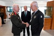 9 October 2019; Republic of Ireland manager Mick McCarthy was on hand to wish the Irish Defence Forces team a bon voyage at Abbotstown as they prepare to travel to China for the World Military Games. McCarthy joined Minister of State for Defence Paul Kehoe, FAI President Donal Conway, Brigadier General Peter O’Halloran and boxing coach Phil Sutcliffe at FAI Headquarters. The Irish Defence Forces football team, backed by the FAI, knocked Germany and Holland out of the qualifiers en route to the tournament and will be joined in Wuhon city by boxers and a shooting team. Pictured are, from left, Brigadier General Peter O’Halloran, Minister of State for Defence Paul Kehoe and Republic of Ireland manager Mick McCarthy. Photo by Stephen McCarthy/Sportsfile