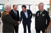 9 October 2019; Republic of Ireland manager Mick McCarthy was on hand to wish the Irish Defence Forces team a bon voyage at Abbotstown as they prepare to travel to China for the World Military Games. McCarthy joined Minister of State for Defence Paul Kehoe, FAI President Donal Conway, Brigadier General Peter O’Halloran and boxing coach Phil Sutcliffe at FAI Headquarters. The Irish Defence Forces football team, backed by the FAI, knocked Germany and Holland out of the qualifiers en route to the tournament and will be joined in Wuhon city by boxers and a shooting team. Pictured are, from left, Brigadier General Peter O’Halloran, Minister of State for Defence Paul Kehoe, FAI General Manager Noel Mooney and Republic of Ireland manager Mick McCarthy. Photo by Stephen McCarthy/Sportsfile