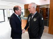 9 October 2019; Republic of Ireland manager Mick McCarthy was on hand to wish the Irish Defence Forces team a bon voyage at Abbotstown as they prepare to travel to China for the World Military Games. McCarthy joined Minister of State for Defence Paul Kehoe, FAI President Donal Conway, Brigadier General Peter O’Halloran and boxing coach Phil Sutcliffe at FAI Headquarters. The Irish Defence Forces football team, backed by the FAI, knocked Germany and Holland out of the qualifiers en route to the tournament and will be joined in Wuhon city by boxers and a shooting team. Pictured is Republic of Ireland manager Mick McCarthy with Minister of State for Defence Paul Kehoe. Photo by Stephen McCarthy/Sportsfile