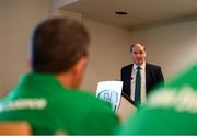 9 October 2019; Republic of Ireland manager Mick McCarthy was on hand to wish the Irish Defence Forces team a bon voyage at Abbotstown as they prepare to travel to China for the World Military Games. McCarthy joined Minister of State for Defence Paul Kehoe, FAI President Donal Conway, Brigadier General Peter O’Halloran and boxing coach Phil Sutcliffe at FAI Headquarters. The Irish Defence Forces football team, backed by the FAI, knocked Germany and Holland out of the qualifiers en route to the tournament and will be joined in Wuhon city by boxers and a shooting team. Pictured is Minister of State for Defence Paul Kehoe. Photo by Stephen McCarthy/Sportsfile