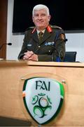 9 October 2019; Republic of Ireland manager Mick McCarthy was on hand to wish the Irish Defence Forces team a bon voyage at Abbotstown as they prepare to travel to China for the World Military Games. McCarthy joined Minister of State for Defence Paul Kehoe, FAI President Donal Conway, Brigadier General Peter O’Halloran and boxing coach Phil Sutcliffe at FAI Headquarters. The Irish Defence Forces football team, backed by the FAI, knocked Germany and Holland out of the qualifiers en route to the tournament and will be joined in Wuhon city by boxers and a shooting team. Pictured is Brigadier General Peter O’Halloran. Photo by Stephen McCarthy/Sportsfile