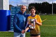 9 October 2019; Chairperson of HEC Donal Barry presents DCU captain Anna Rose Kennedy with the cup beating UL during the Senior final at the 2019 Gourmet Food Parlour HEC Freshers Blitz at University of Limerick, Limerick. Photo by Piaras Ó Mídheach/Sportsfile