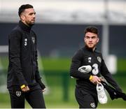 10 October 2019; Shane Duffy and Aaron Connolly, right, arrive for a Republic of Ireland training session at the FAI National Training Centre in Abbotstown, Dublin. Photo by Stephen McCarthy/Sportsfile