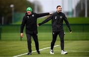 10 October 2019; Shane Duffy and goalkeeping coach Alan Kelly during a Republic of Ireland training session at the FAI National Training Centre in Abbotstown, Dublin. Photo by Stephen McCarthy/Sportsfile
