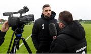 10 October 2019; Shane Duffy is interviewed for FAI TV during a Republic of Ireland training session at the FAI National Training Centre in Abbotstown, Dublin. Photo by Stephen McCarthy/Sportsfile