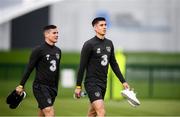 10 October 2019; Josh Cullen, left, and Callum O'Dowda arrive for a Republic of Ireland training session at the FAI National Training Centre in Abbotstown, Dublin. Photo by Stephen McCarthy/Sportsfile