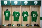 10 October 2019; A general view of Ireland jerseys hanging in the dressing room prior to the UEFA European U21 Championship Qualifier Group 1 match between Republic of Ireland and Italy at Tallaght Stadium in Tallaght, Dublin. Photo by Eóin Noonan/Sportsfile