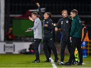 10 October 2019; Republic of Ireland head coach Stephen Kenny, left, and assistant coach Jim Crawford protest to refree Sascha Stegemann after Troy Parrott is shown a red card during the UEFA European U21 Championship Qualifier Group 1 match between Republic of Ireland and Italy at Tallaght Stadium in Tallaght, Dublin. Photo by Eóin Noonan/Sportsfile