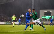 10 October 2019; Adam Idah of Republic of Ireland in action against Enrico Del Prato of Italy during the UEFA European U21 Championship Qualifier Group 1 match between Republic of Ireland and Italy at Tallaght Stadium in Tallaght, Dublin. Photo by Eóin Noonan/Sportsfile