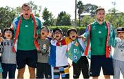 11 October 2019; Rhys Ruddock, left, and Jack Carty sing 'Ireland's Call' with students during a visit by the Ireland rugby squad to Kasuga Elementary School in Kusaga, Fukuoka, Japan. Photo by Brendan Moran/Sportsfile