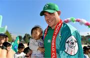 11 October 2019; Garry Ringrose with a young fan during a visit by the Ireland rugby squad to Kasuga Elementary School in Kusaga, Fukuoka, Japan. Photo by Brendan Moran/Sportsfile