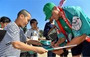 11 October 2019; Garry Ringrose signs autographs for students during a visit by the Ireland rugby squad to Kasuga Elementary School in Kusaga, Fukuoka, Japan. Photo by Brendan Moran/Sportsfile