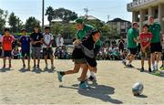 11 October 2019; Sean Cronin with students during a visit by the Ireland rugby squad to Kasuga Elementary School in Kusaga, Fukuoka, Japan. Photo by Brendan Moran/Sportsfile