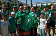 11 October 2019; Team manager Paul Dean makes a presentation of a signed Irish jersey to Kasuga Mayor Sumikazu Inoue during a visit by the Ireland rugby squad to Kasuga Elementary School in Kusaga, Fukuoka, Japan. Photo by Brendan Moran/Sportsfile
