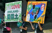 11 October 2019; Signs made by students showing their support for the Irish team during a visit by the Ireland rugby squad to Kasuga Elementary School in Kusaga, Fukuoka, Japan. Photo by Brendan Moran/Sportsfile