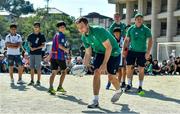 11 October 2019; Jack Carty with students during a visit by the Ireland rugby squad to Kasuga Elementary School in Kusaga, Fukuoka, Japan. Photo by Brendan Moran/Sportsfile