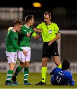 10 October 2019; Jayson Molumby, right, and Connor Ronan of Republic of Ireland protest to refree Sascha Stegemann during the UEFA European U21 Championship Qualifier Group 1 match between Republic of Ireland and Italy at Tallaght Stadium in Tallaght, Dublin. Photo by Eóin Noonan/Sportsfile