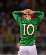 10 October 2019; Troy Parrott of Republic of Ireland reacts after missing a goal chance during the UEFA European U21 Championship Qualifier Group 1 match between Republic of Ireland and Italy at Tallaght Stadium in Tallaght, Dublin. Photo by Eóin Noonan/Sportsfile