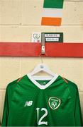 11 October 2019; A view of the shirt assigned to Harvey Neville of Republic of Ireland in the dressing room ahead of the Under-19 International Friendly match between Republic of Ireland and Denmark at The Showgrounds in Sligo. Photo by Sam Barnes/Sportsfile