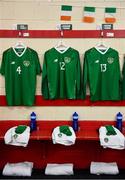 11 October 2019; The jerseys assigned to Mark McGuinness, Harvey Neville and Ronan Boyce hang in the Republic of Ireland dressing room ahead of the Under-19 International Friendly match between Republic of Ireland and Denmark at The Showgrounds in Sligo. Photo by Sam Barnes/Sportsfile