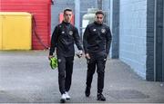 11 October 2019; Republic of Ireland players Harvey Neville, left, and Lewis Richards arrive ahead of the Under-19 International Friendly match between Republic of Ireland and Denmark at The Showgrounds in Sligo. Photo by Sam Barnes/Sportsfile