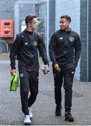 11 October 2019; Republic of Ireland players Harvey Neville, left, and Lewis Richards arrive ahead of the Under-19 International Friendly match between Republic of Ireland and Denmark at The Showgrounds in Sligo. Photo by Sam Barnes/Sportsfile