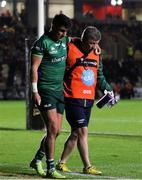 11 October 2019; Tiernan O'Halloran of Connacht leaves the pitch with an injury during the Guinness PRO14 Round 3 match between Dragons and Connacht at Rodney Parade in Newport, Wales. Photo by Gareth Everett/Sportsfile