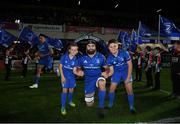 11 October 2019; Leinster captain Scott Fardy with matchday mascots 8 year old Robert Slattery, from Terenure, Dublin, and 10 year old Herbie Boyle, from Donnybrook, Dublin, ahead of the Guinness PRO14 Round 3 match between Leinster and Edinburgh at the RDS Arena in Dublin. Photo by Ramsey Cardy/Sportsfile