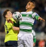 11 October 2019; Graham Burke of Shamrock Rovers in action against Mark Russell of Finn Harps during the SSE Airtricity League Premier Division match between Shamrock Rovers and Finn Harps at Tallaght Stadium in Dublin. Photo by Matt Browne/Sportsfile
