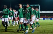 11 October 2019; Republic of Ireland players from left, Mazeed Ogungbo, George Nunn, Festy Ebosele and Armstrong Oko-Flex  leave the field following the Under-19 International Friendly match between Republic of Ireland and Denmark at The Showgrounds in Sligo. Photo by Sam Barnes/Sportsfile