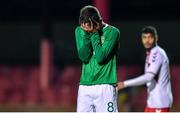 11 October 2019; Barry Coffey of Republic of Ireland reacts to a missed chance during the Under-19 International Friendly match between Republic of Ireland and Denmark at The Showgrounds in Sligo. Photo by Sam Barnes/Sportsfile