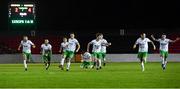 11 October 2019; Cabinteely players celebrate after the penalty shoot-out during the SSE Airtricity League First Division Promotion / Relegation Play-Off Series Second Leg match between Longford Town and Cabinteely at City Calling Stadium in Longford. Photo by Piaras Ó Mídheach/Sportsfile