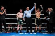 11 October 2019; Jay Harris, right, is declared victorious following his IBF inter-continental flyweight title bout at the MTK Fight Night in the Ulster Hall, Belfast. Photo by David Fitzgerald/Sportsfile