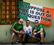 12 October 2019; Republic of Ireland supporters, from left, Andy Wickham, from Tallaght, Dublin, David Power and Keith Whelan, from Clondalkin, Dublin, in Tbilisi prior to their side's UEFA EURO2020 Qualifier match against Georgia at the Boris Paichadze Erovnuli Stadium. Photo by Stephen McCarthy/Sportsfile