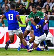 12 October 2019; Ulupano Seuteni of Samoa is tackled by Bundee Aki of Ireland, resulting in a red card, during the 2019 Rugby World Cup Pool A match between Ireland and Samoa at the Fukuoka Hakatanomori Stadium in Fukuoka, Japan. Photo by Brendan Moran/Sportsfile