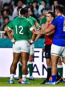 12 October 2019; Bundee Aki, 12, of Ireland leaves the field after receives a red card from referee Nic Berry during the 2019 Rugby World Cup Pool A match between Ireland and Samoa at the Fukuoka Hakatanomori Stadium in Fukuoka, Japan. Photo by Brendan Moran/Sportsfile