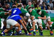 12 October 2019; Josh Van der Flier of Ireland, centre, assisted by team-mate Iain Henderson, breaks for the line during the 2019 Rugby World Cup Pool A match between Ireland and Samoa at the Fukuoka Hakatanomori Stadium in Fukuoka, Japan. Photo by Brendan Moran/Sportsfile