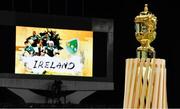 12 October 2019; The Webb Ellis Cup is seen as Ireland are introduced prior to the 2019 Rugby World Cup Pool A match between Ireland and Samoa at the Fukuoka Hakatanomori Stadium in Fukuoka, Japan. Photo by Brendan Moran/Sportsfile